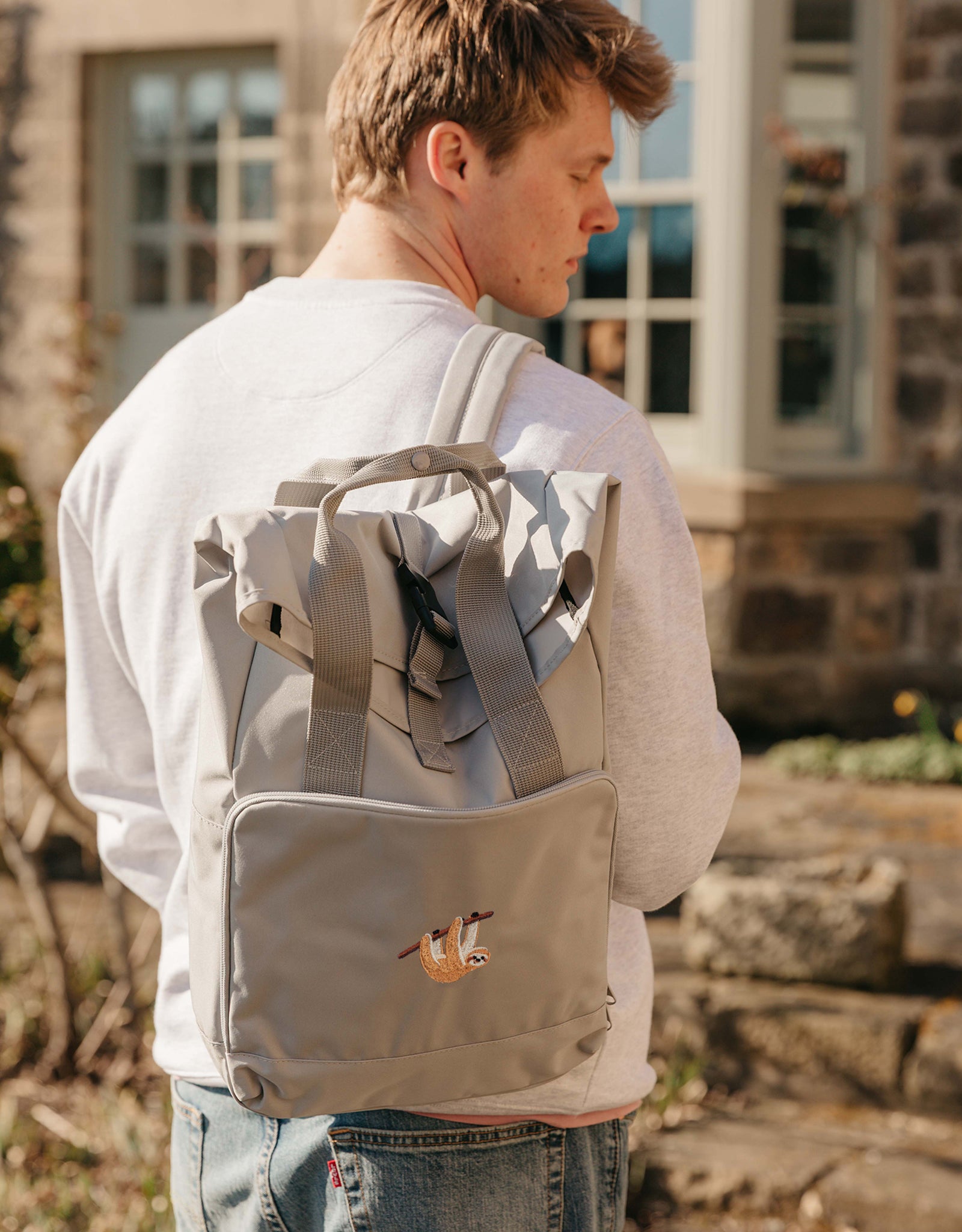 Sloth Embroidered Fold-Top Backpack