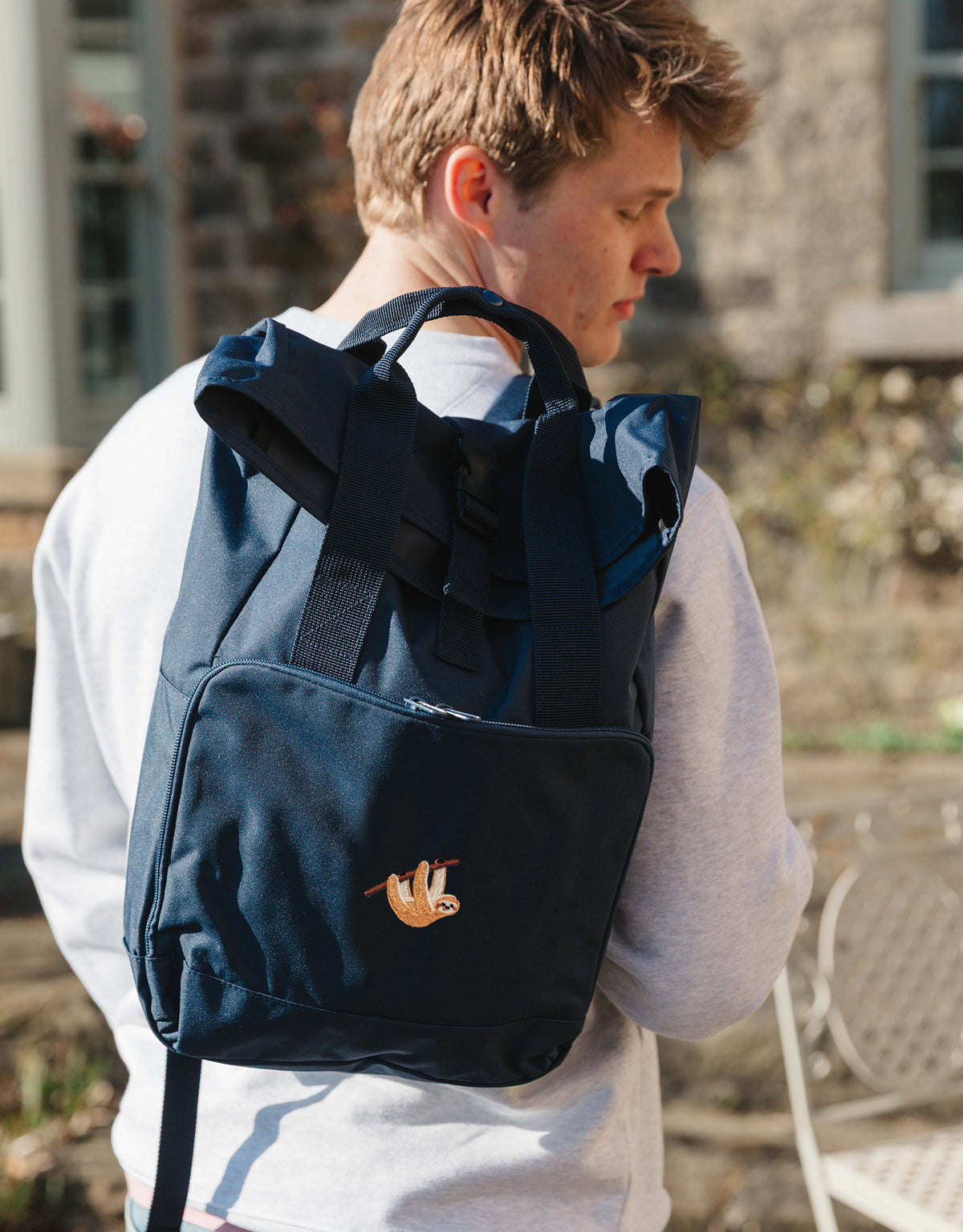 Sloth Embroidered Fold-Top Backpack