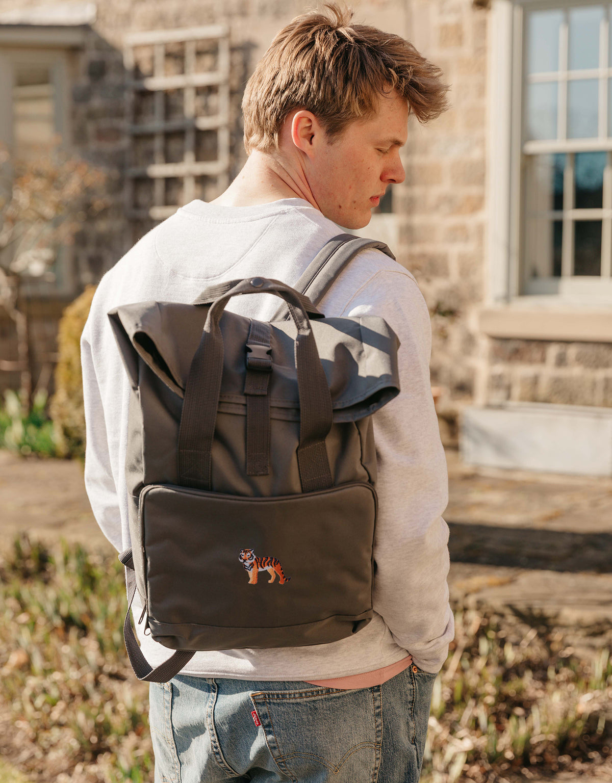 Tiger Embroidered Fold-Top Backpack