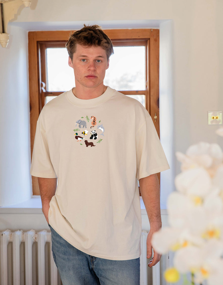 World Of Animals Embroidered Unisex Oversized Tee