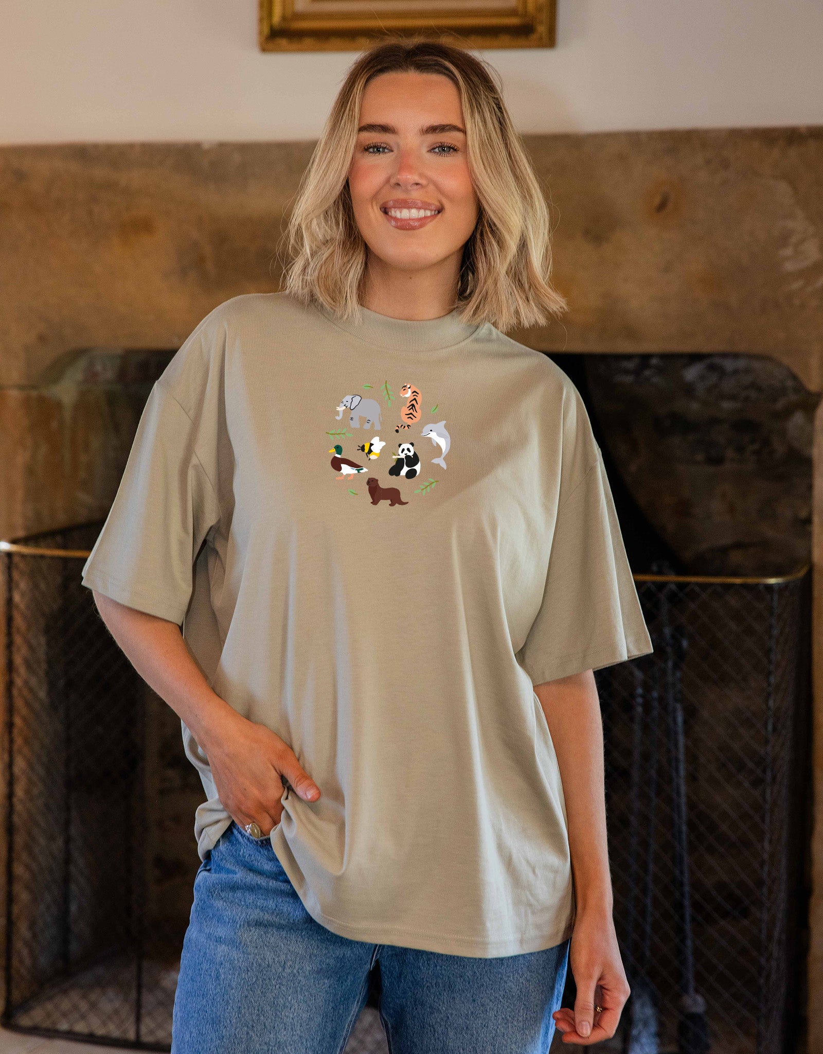 World Of Animals Embroidered Unisex Oversized Tee