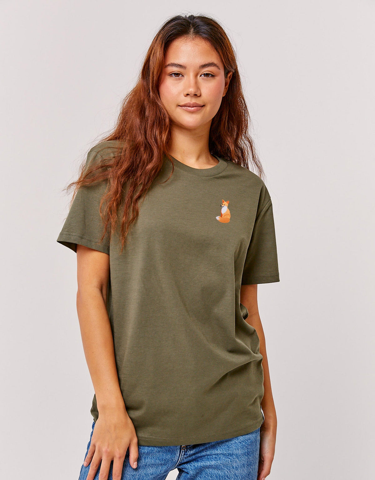 Red Fox embroidered khaki t-shirt